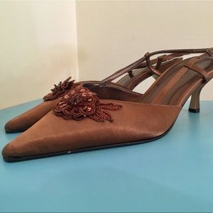 Bronze satin sling back dress pumps